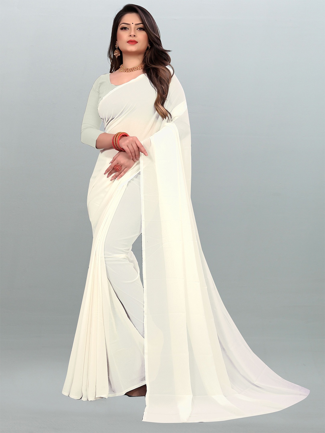 

ANAND SAREES Solid Saree With Unstitched Blouse Piece, White