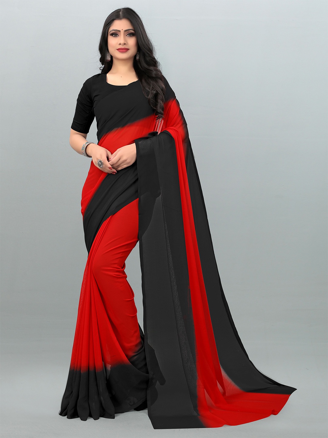 

Moda Rapido Colourblocked Saree With Unstitched Blouse Piece, Red