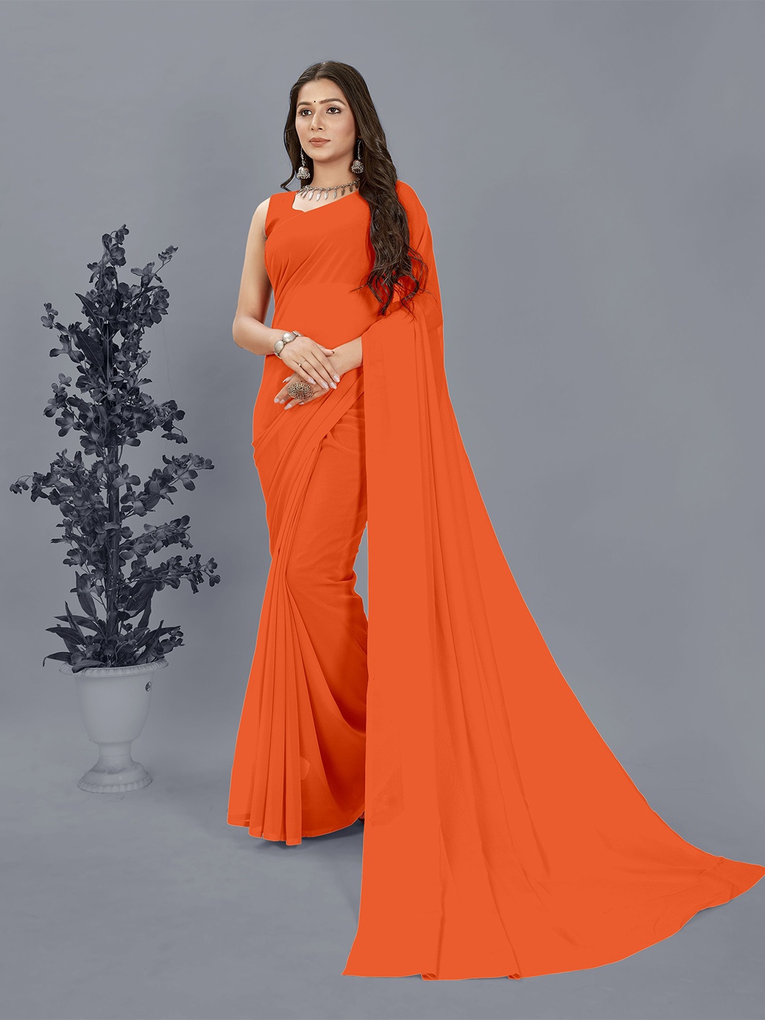 

ANAND SAREES Solid Saree With Unstitched Blouse Piece, Orange