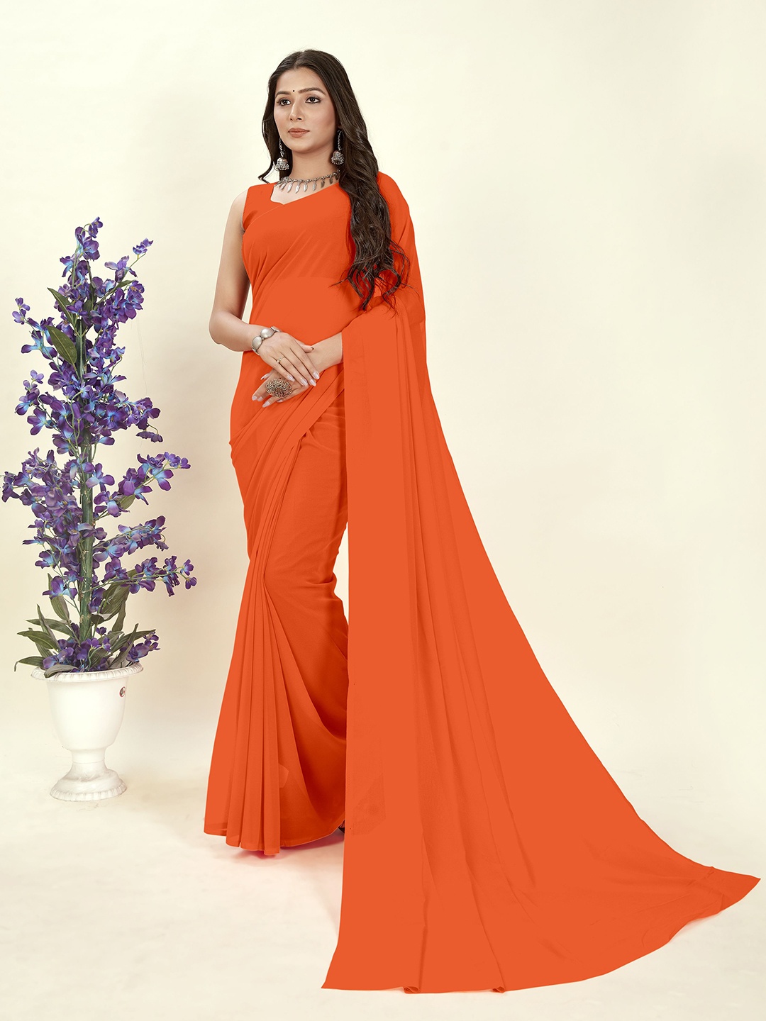 

ANAND SAREES Solid Saree With Unstitched Blouse Piece, Orange