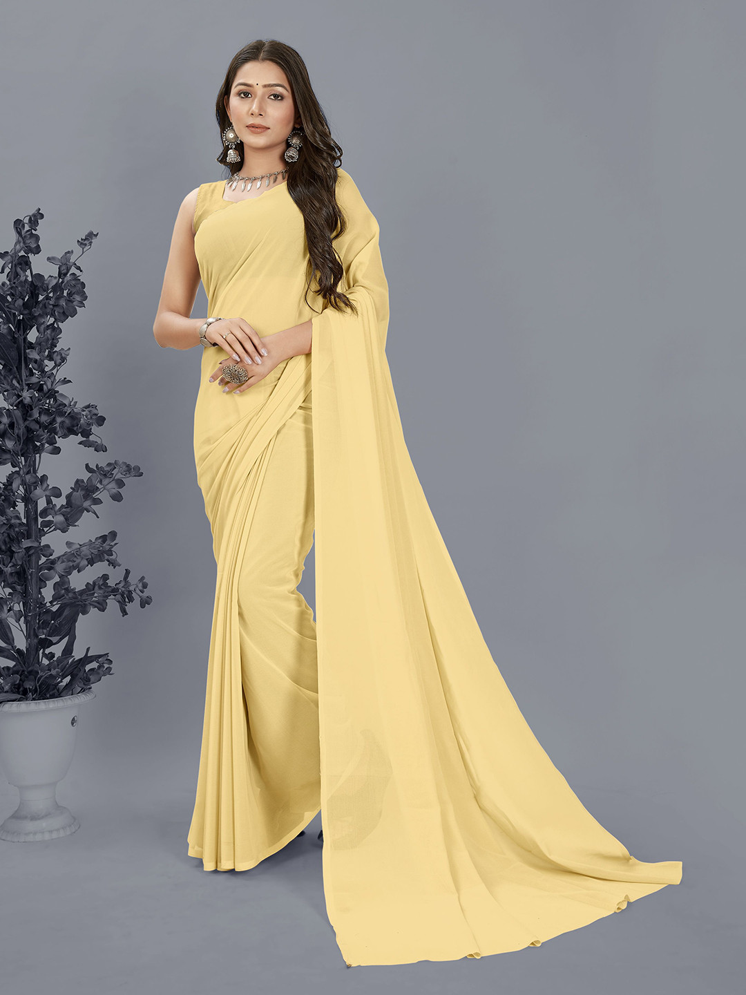 

ANAND SAREES Solid Georgette Saree, Beige