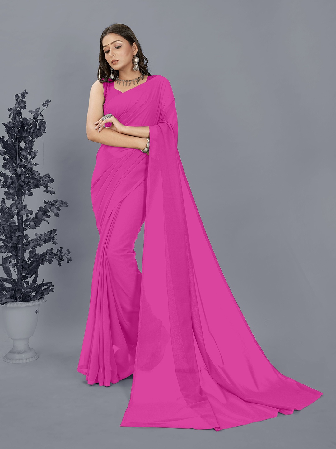 

Moda Rapido Solid Georgette Saree, Pink