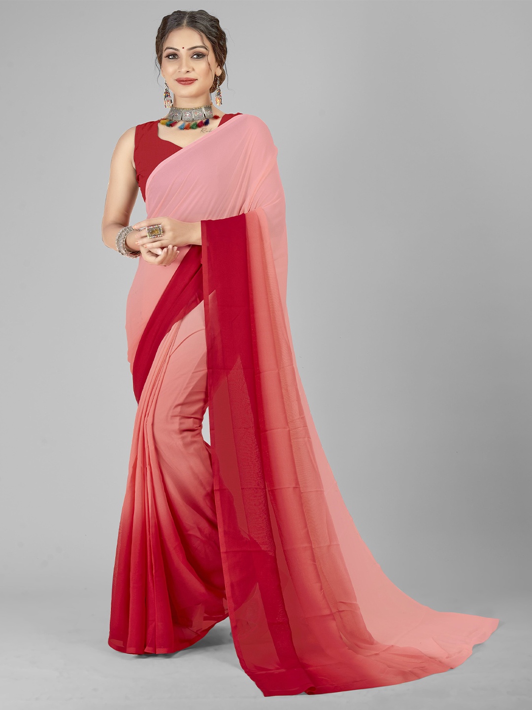 

Moda Rapido Colourblocked Georgette Saree, Red