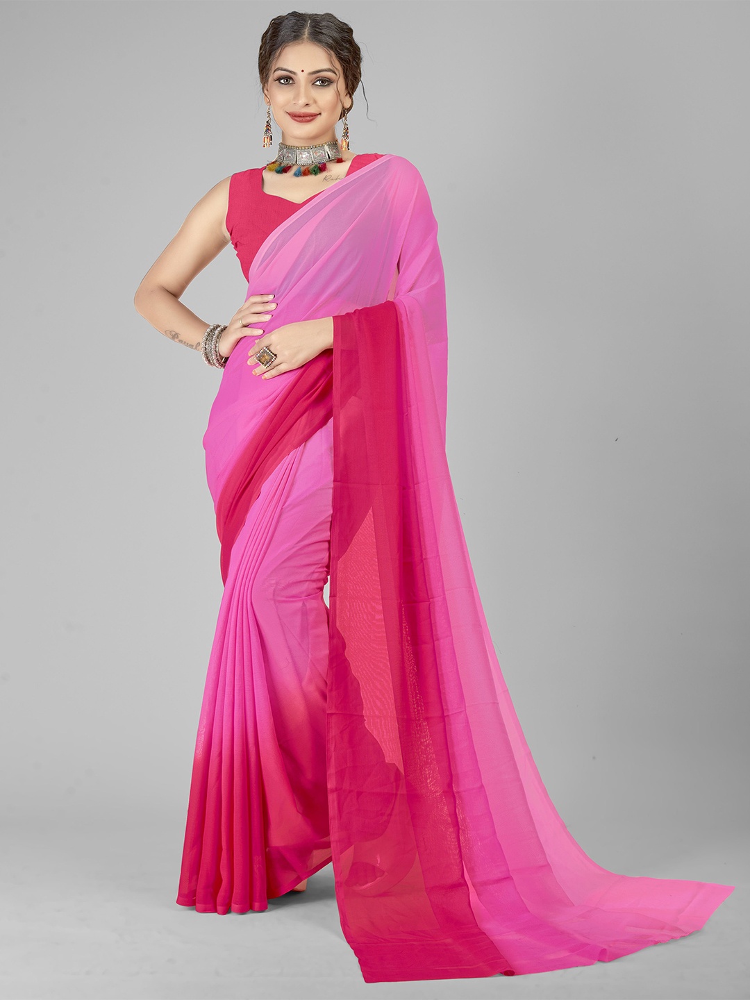 

Moda Rapido Colourblocked Georgette Saree, Pink