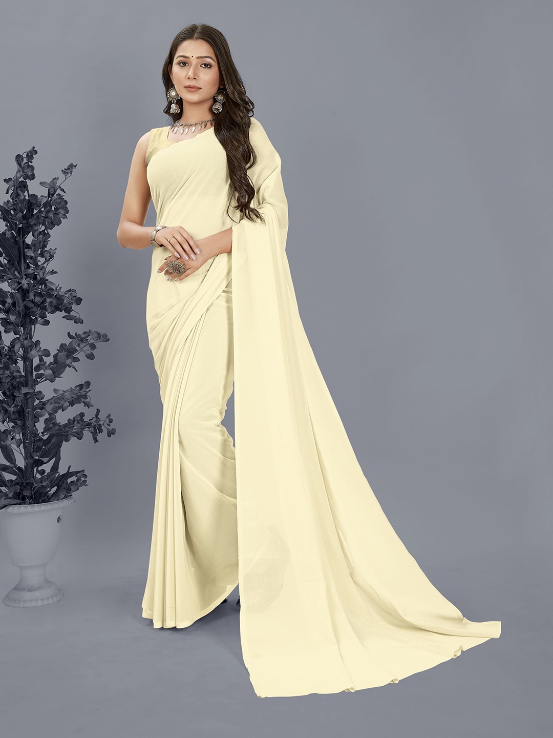 

ANAND SAREES Solid Georgette Saree, Cream