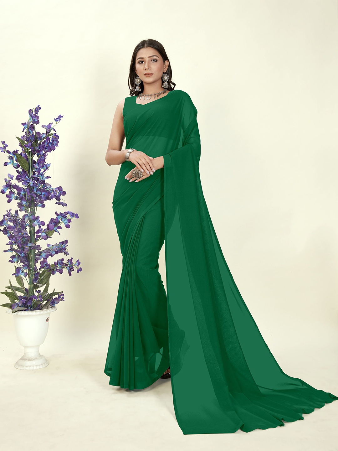 

ANAND SAREES Solid Ethnic Saree, Green