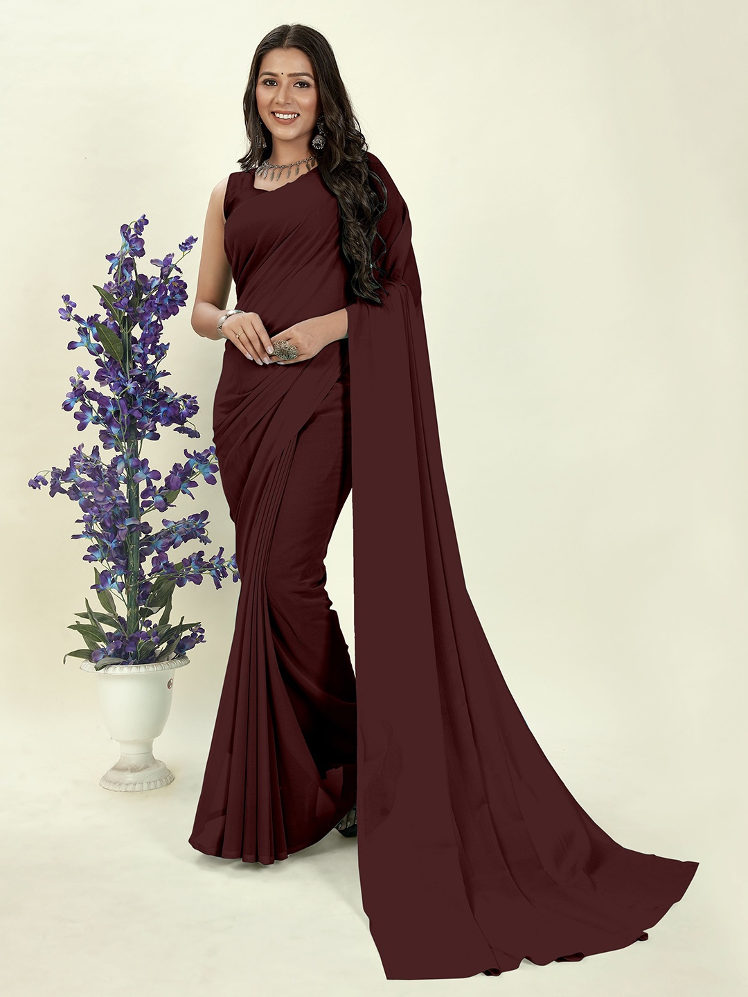 

Moda Rapido Solid Ethnic Saree, Brown