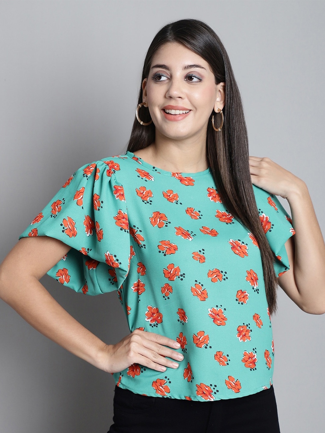 

Dressitude Floral Printed Flared Sleeves Top, Green