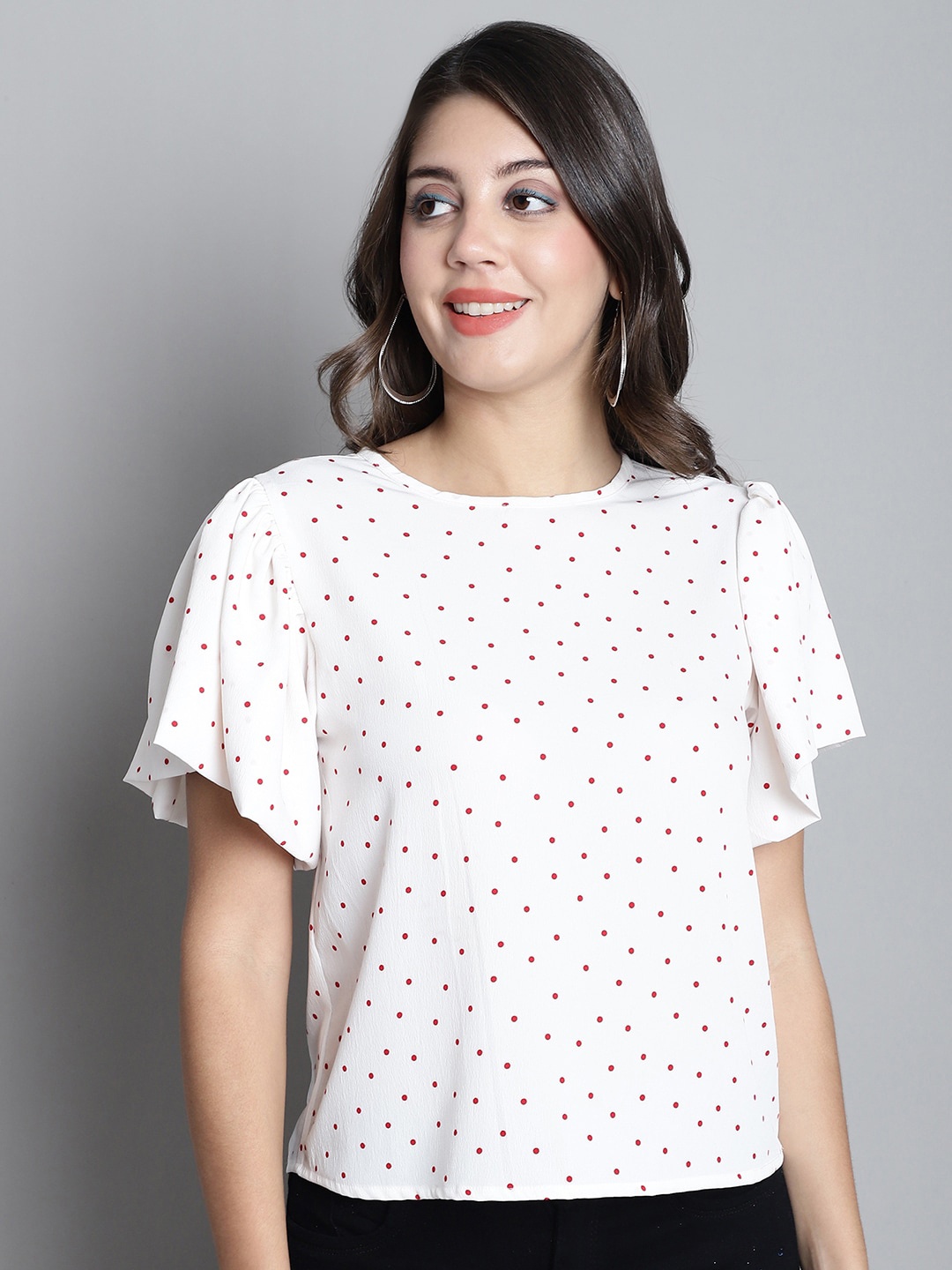 

Dressitude Polka Dot Printed Flared Sleeve Top, White