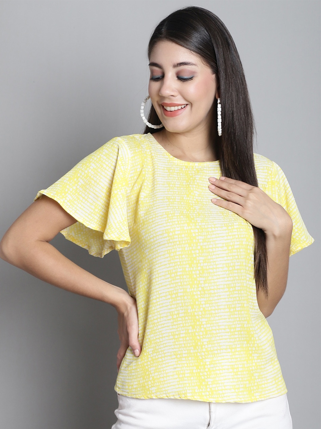 

Dressitude Self Design Flared Sleeves Top, Yellow