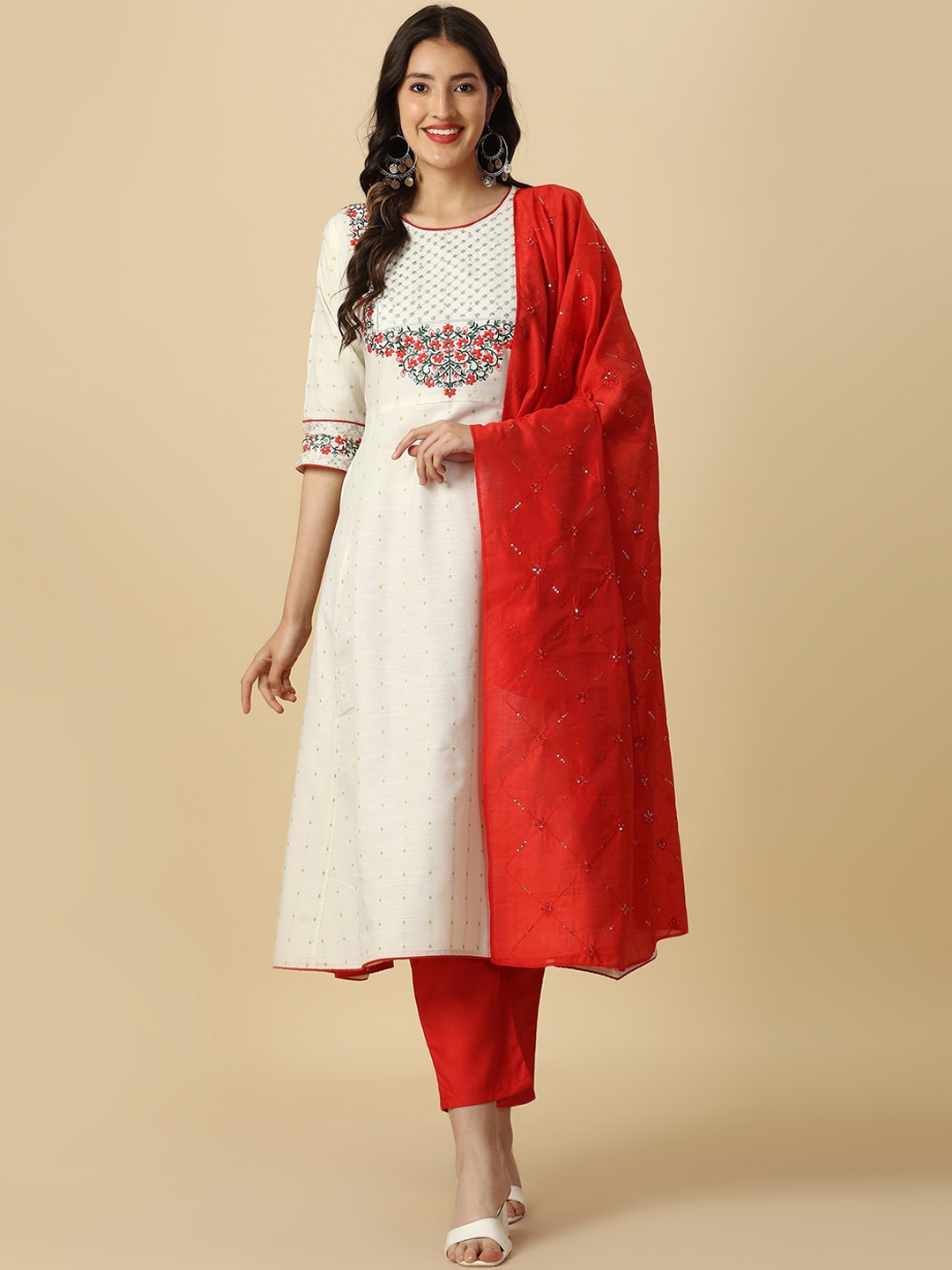 

GUFRINA Ethnic Motifs Woven Design Pure Cotton Straight Kurta & Trousers With Dupatta, Cream