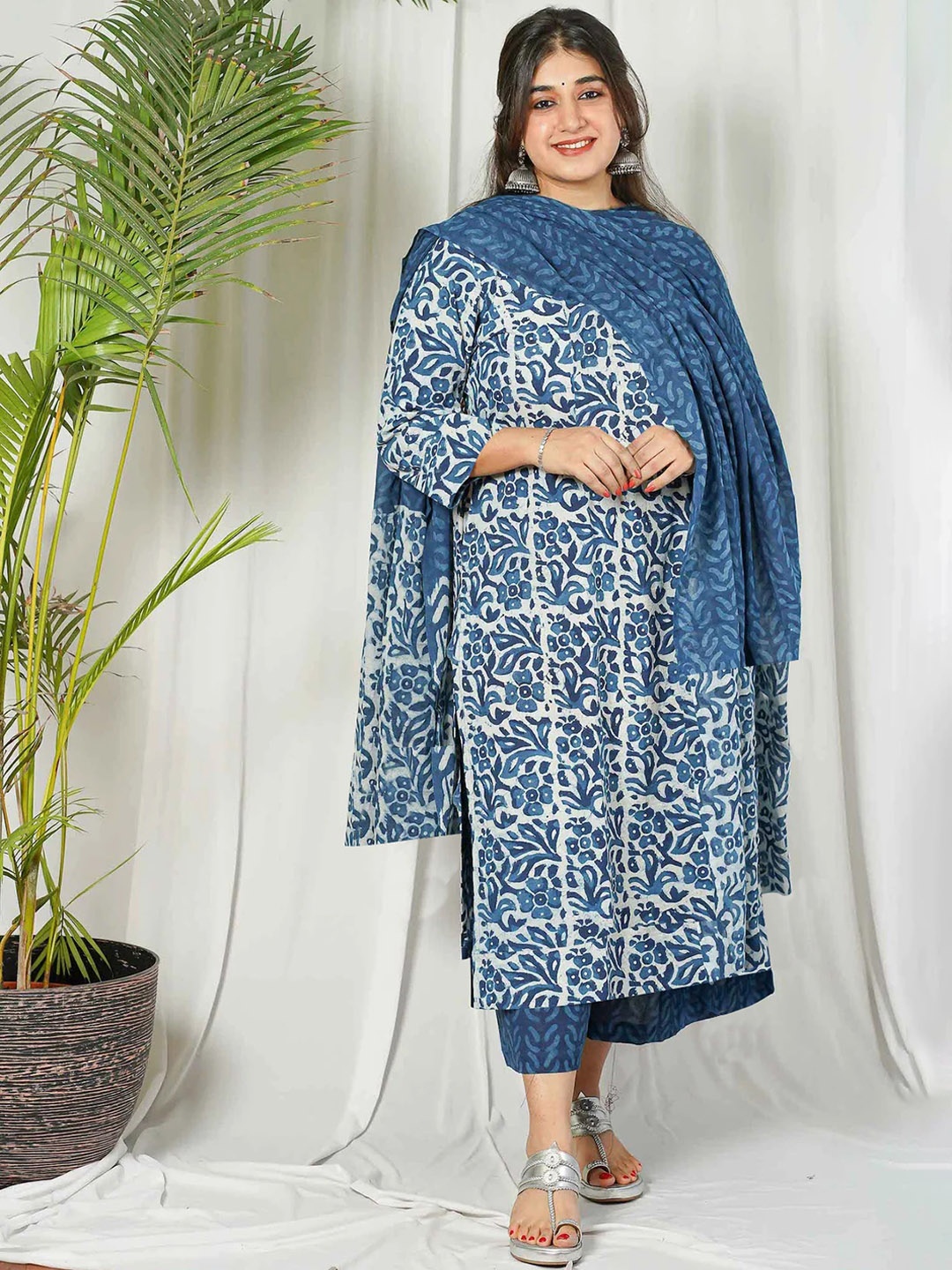 

KALINI Floral Printed Kurta With Palazzos & Dupatta, Blue