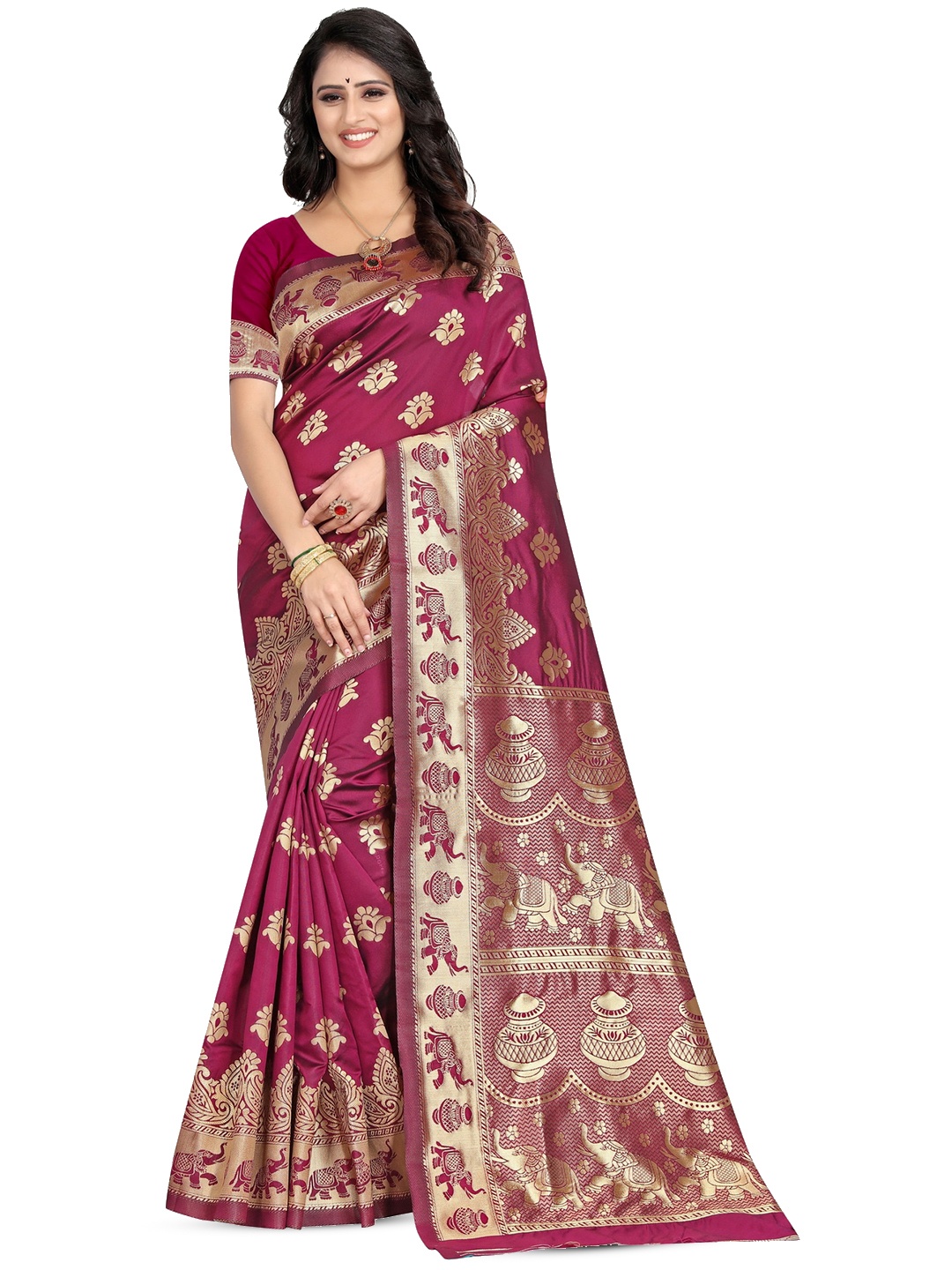 

PERVAS Ethnic Motifs Woven Design Zari Kanjeevaram Saree, Magenta