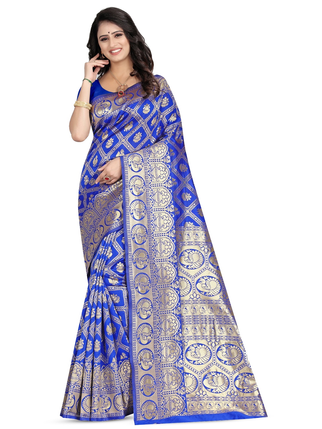 

PERVAS Ethnic Motifs Woven Design Zari Kanjeevaram Saree, Blue