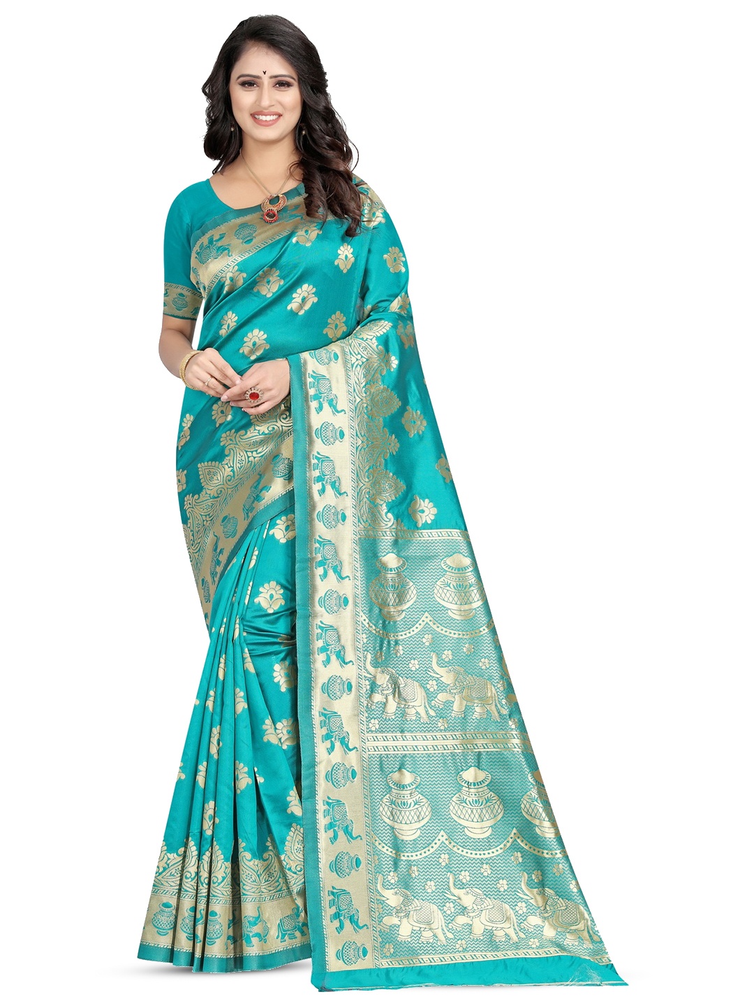 

PERVAS Ethnic Motifs Woven Design Zari Kanjeevaram Saree, Blue