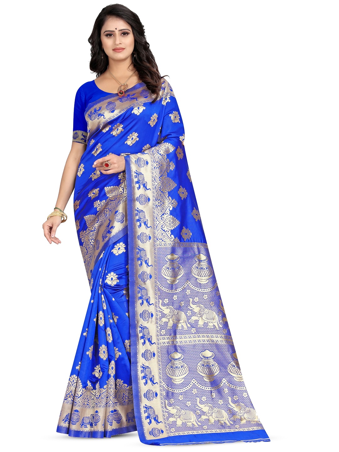 

PERVAS Ethnic Motifs Woven Design Zari Kanjeevaram Saree, Blue