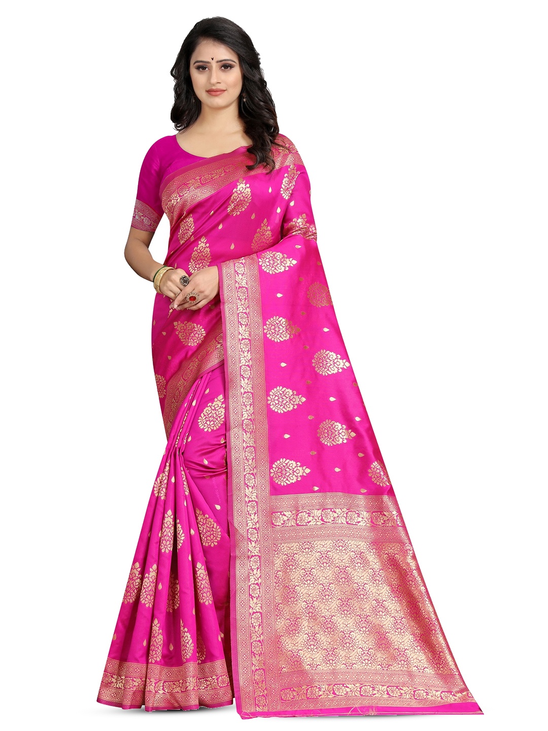 

PERVAS Ethnic Motifs Woven Design Zari Silk Cotton Kanjeevaram Saree, Pink