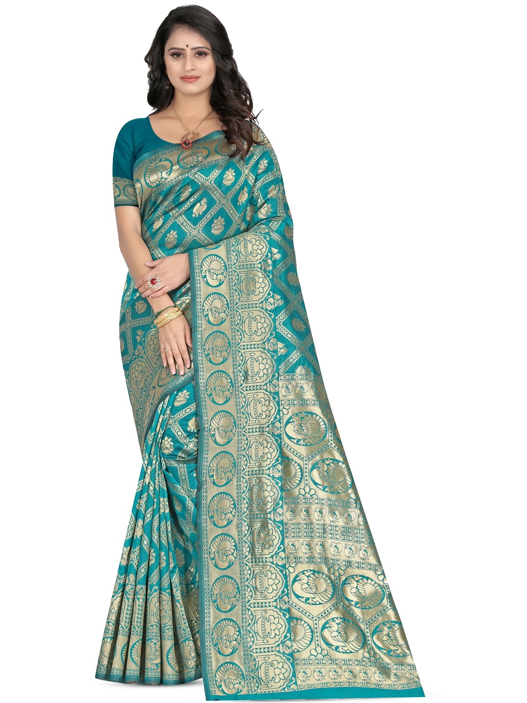 

PERVAS Ethnic Motifs Woven Design Zari Silk Cotton Kanjeevaram Saree, Blue