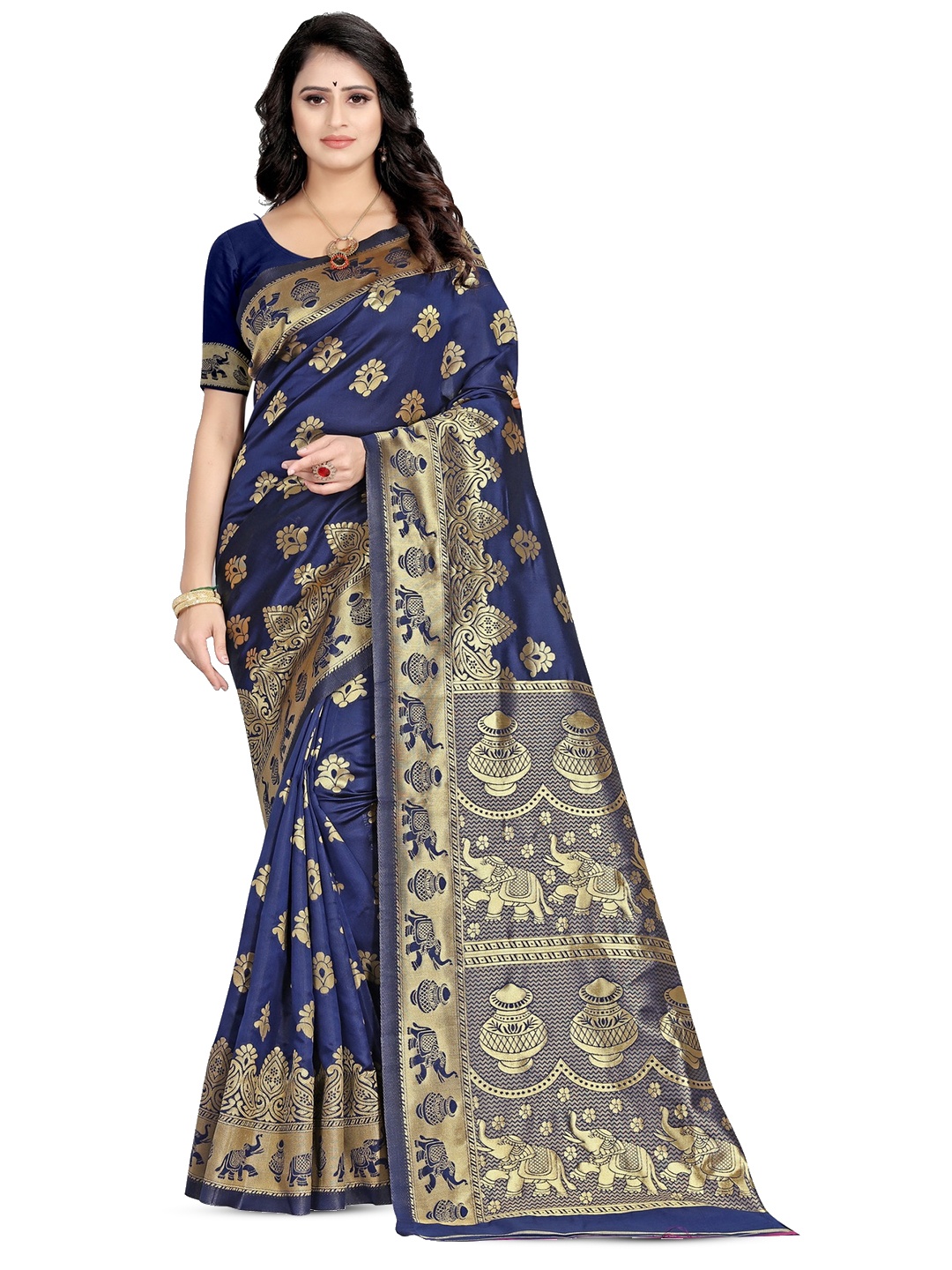 

PERVAS Ethnic Motifs Woven Design Zari Silk Cotton Kanjeevaram Saree, Navy blue