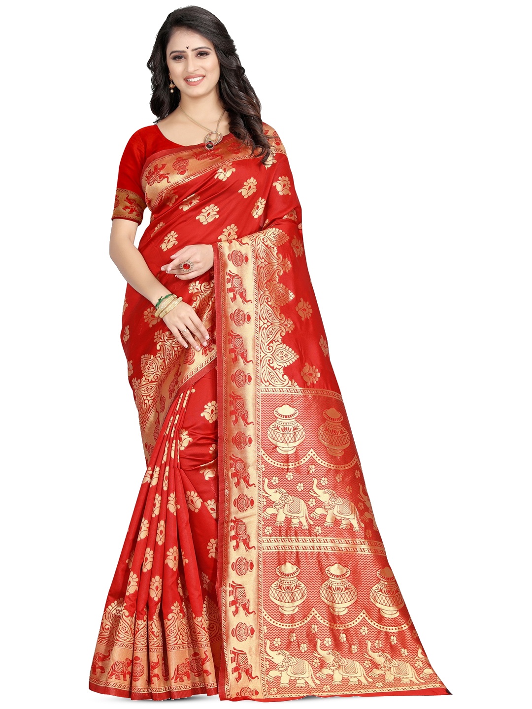 

PERVAS Ethnic Motifs Woven Design Zari Silk Cotton Kanjeevaram Saree, Red