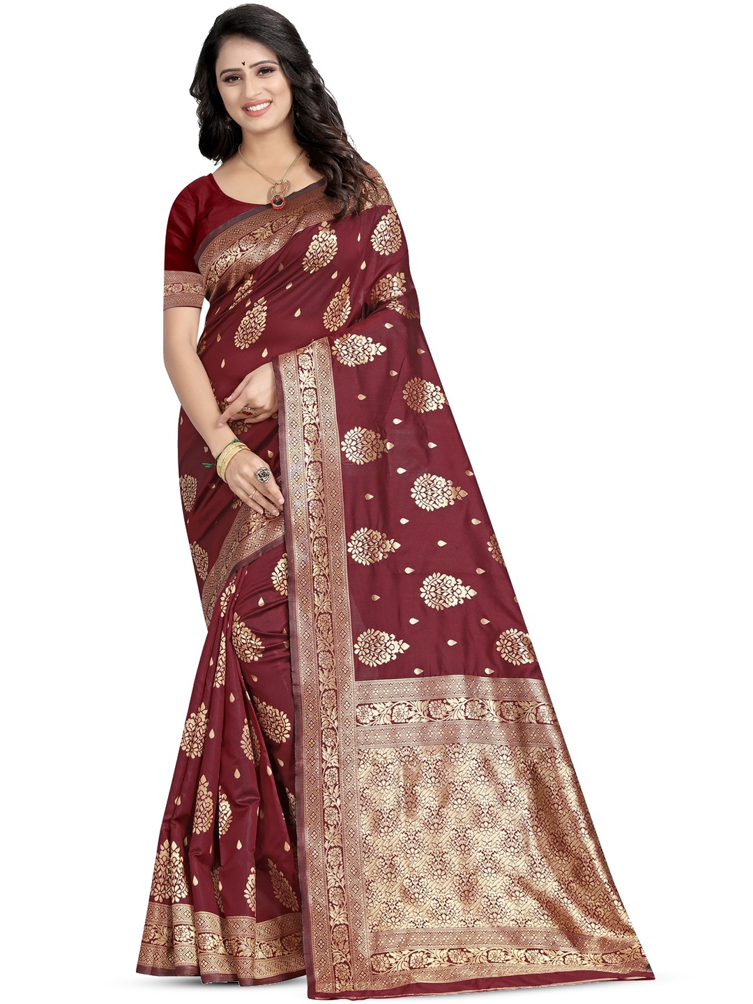 

PERVAS Ethnic Motifs Woven Design Zari Silk Cotton Kanjeevaram Saree, Maroon