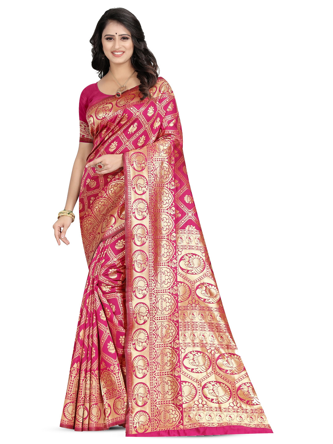 

PERVAS Ethnic Motifs Woven Design Zari Silk Cotton Kanjeevaram Saree, Magenta