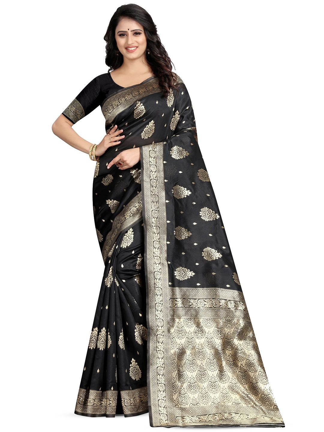 

PERVAS Ethnic Motifs Woven Design Zari Silk Cotton Kanjeevaram Saree, Black