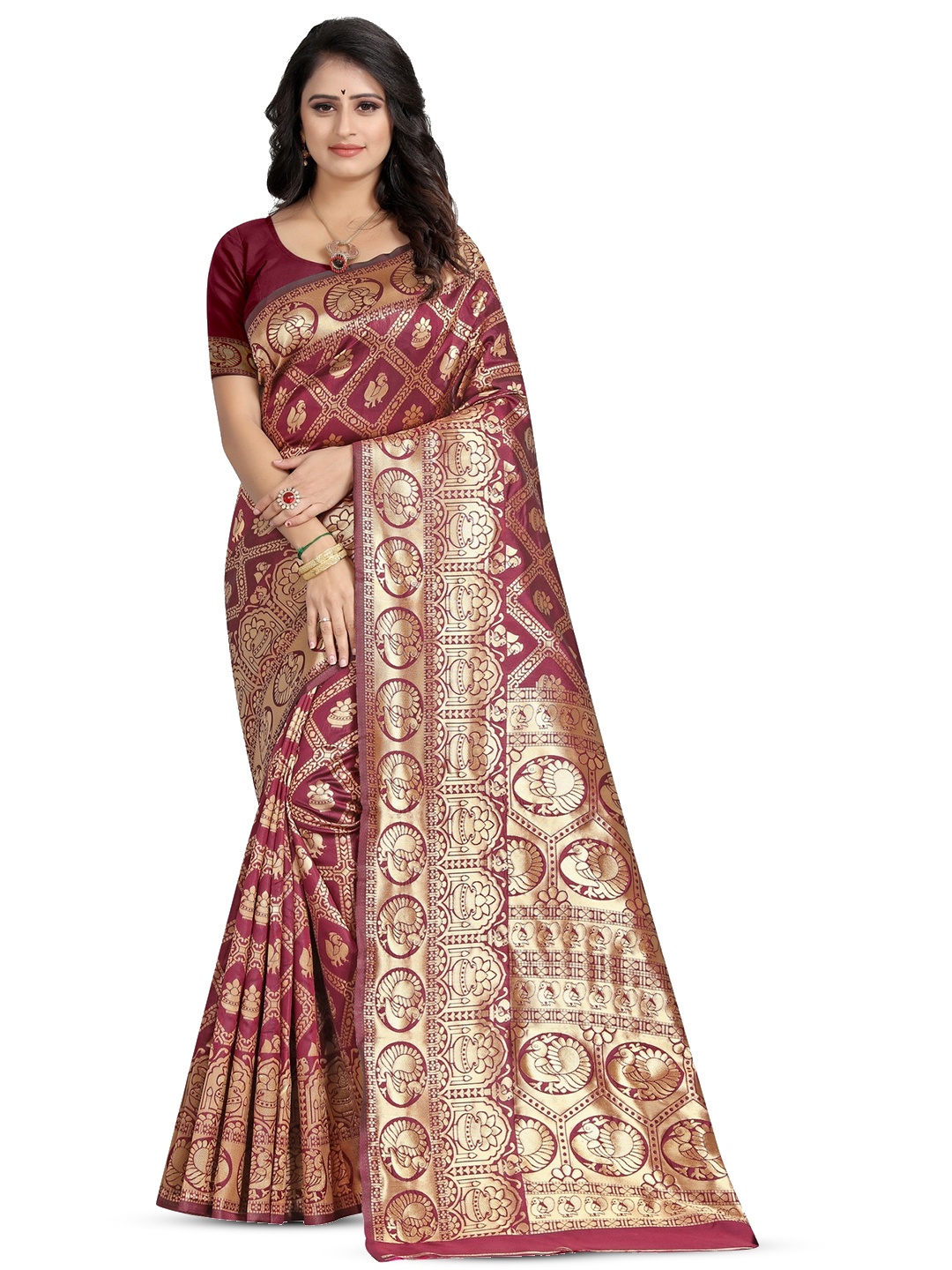 

PERVAS Ethnic Motifs Woven Design Zari Silk Cotton Kanjeevaram Saree, Maroon