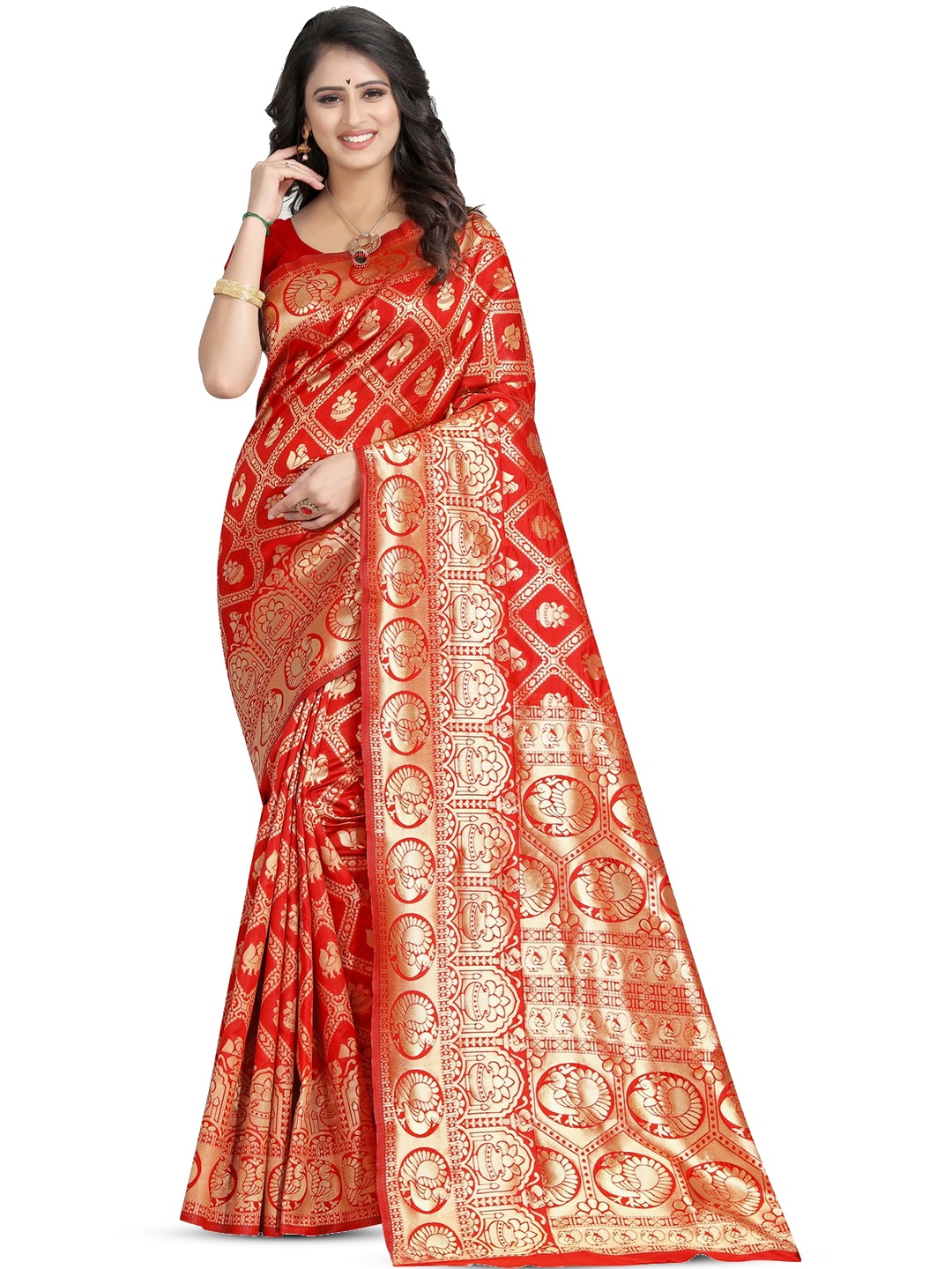 

PERVAS Ethnic Motifs Woven Design Zari Silk Cotton Kanjeevaram Saree, Red