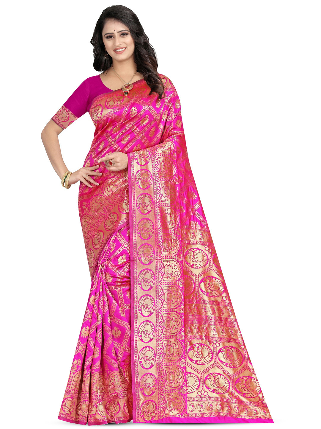 

PERVAS Ethnic Motifs Woven Design Zari Silk Cotton Kanjeevaram Saree, Pink