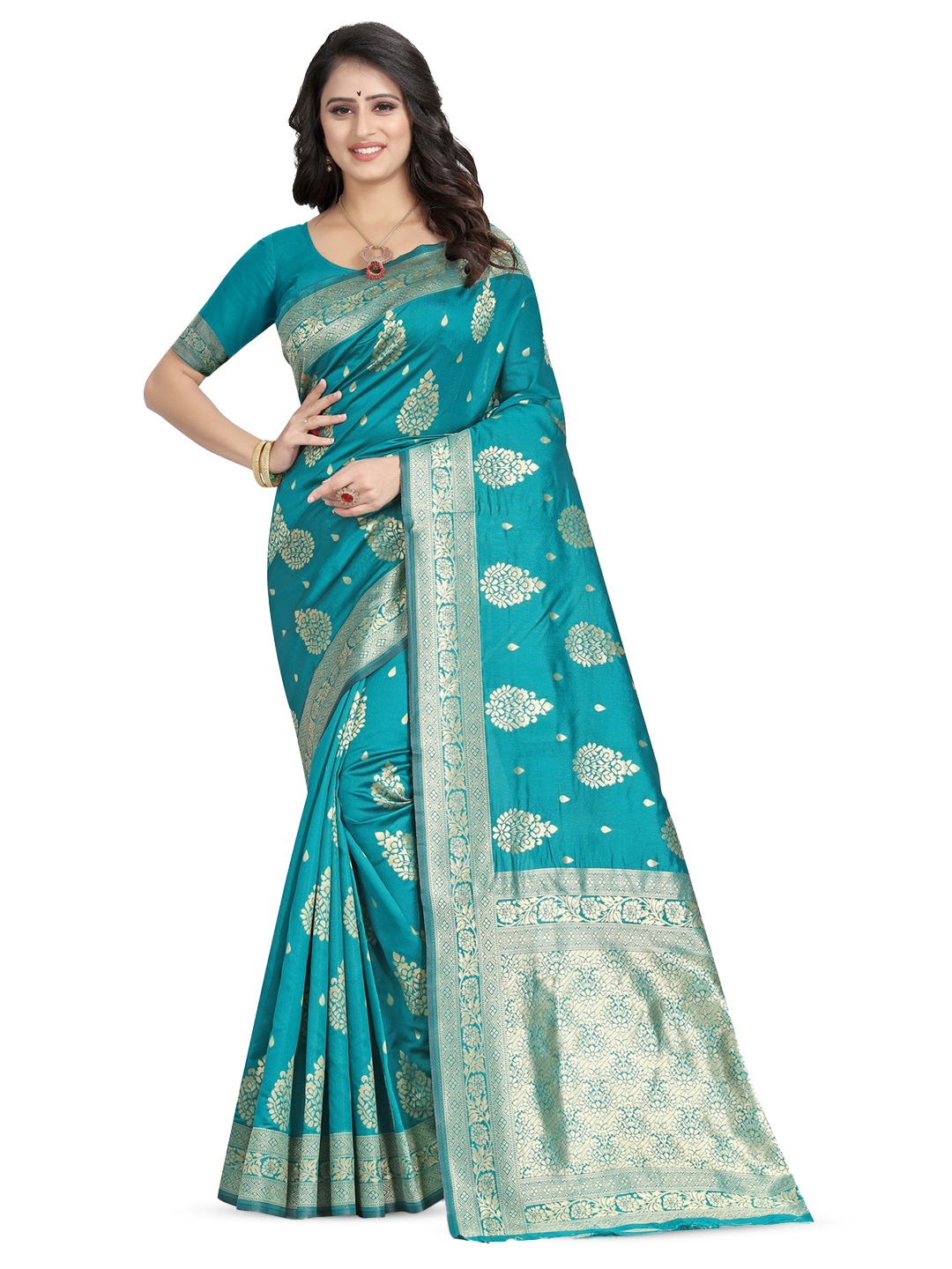 

PERVAS Ethnic Motifs Woven Design Zari Silk Cotton Kanjeevaram Saree, Blue