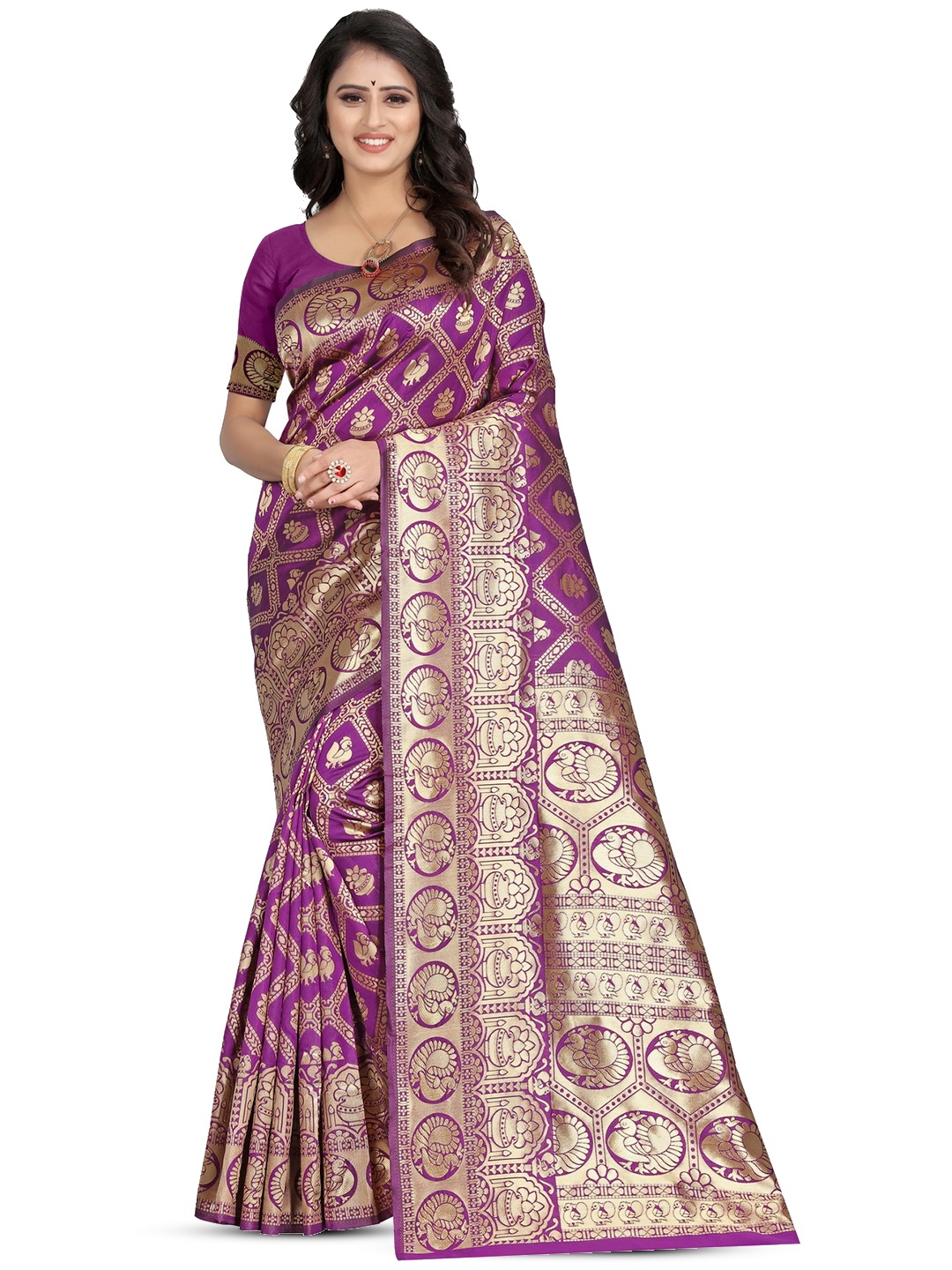 

PERVAS Ethnic Motifs Woven Design Zari Silk Cotton Kanjeevaram Saree, Purple