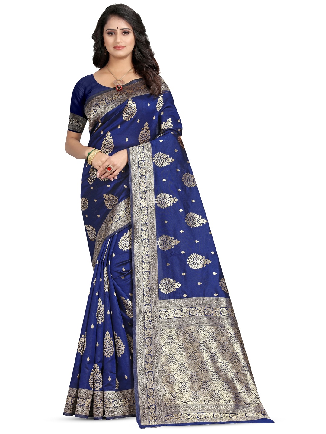 

PERVAS Ethnic Motifs Woven Design Zari Silk Cotton Kanjeevaram Saree, Navy blue