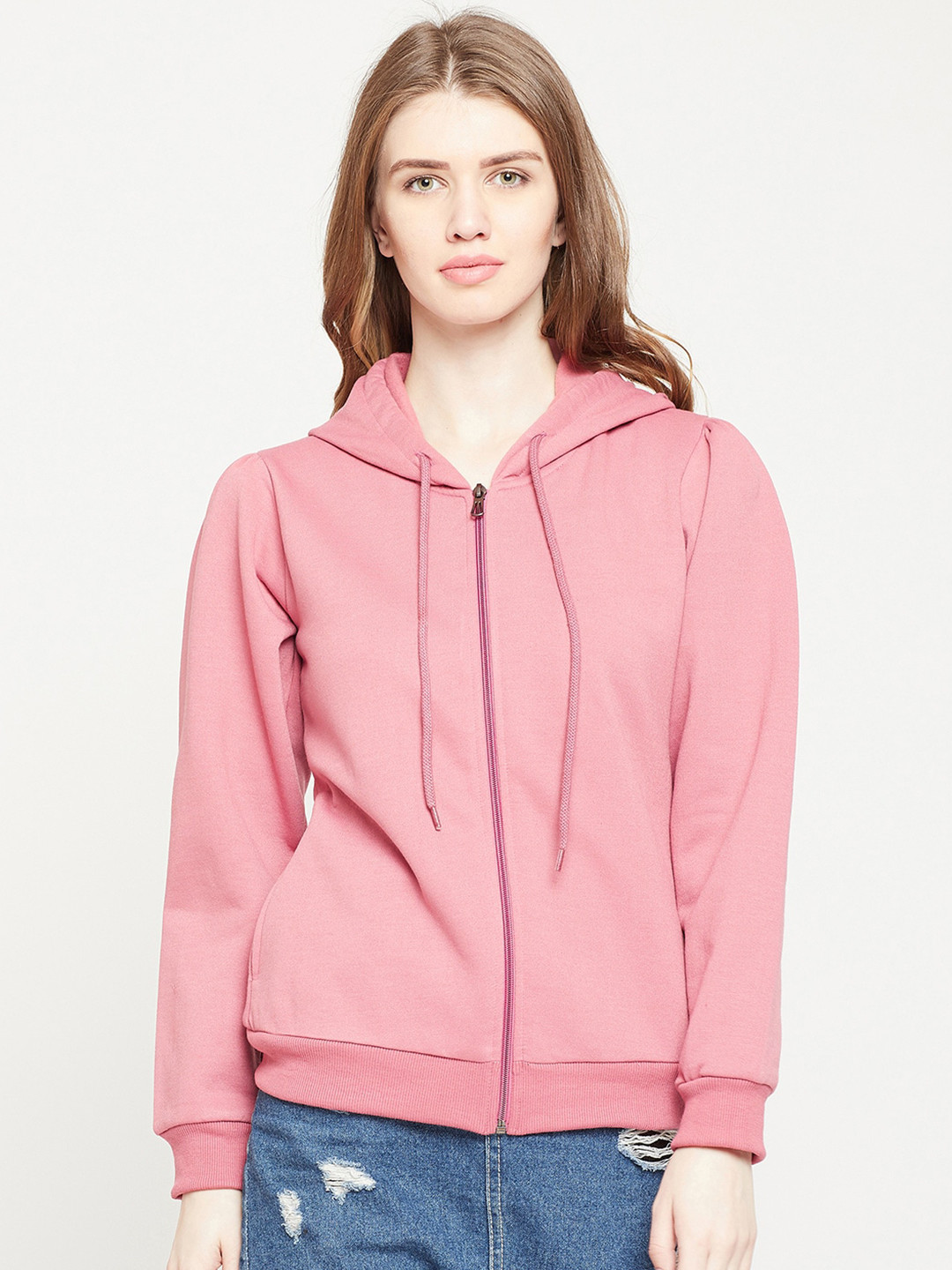 

RARE Hooded Front-Open Fleece Sweatshirt, Peach