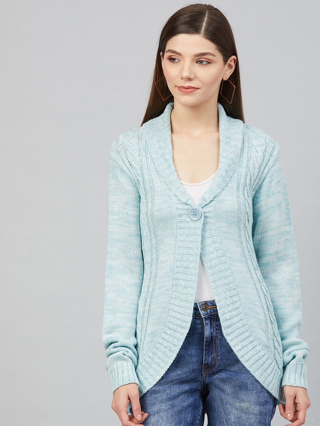 

RARE Turquoise Blue Cable Knit Self Design Shawl Collar Woollen Cardigan Sweater