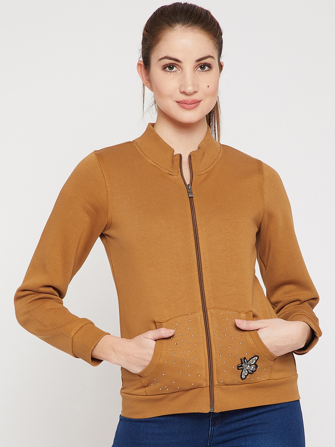 

RARE Mock Collar Fleece Front-Open Sweatshirt, Brown