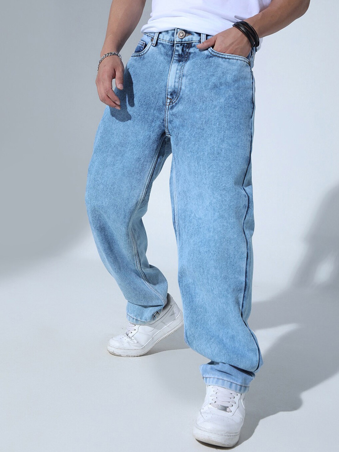 

Hubberholme Men 90's Relaxed Straight Fit Mid-Rise Pure Cotton Jeans, Blue