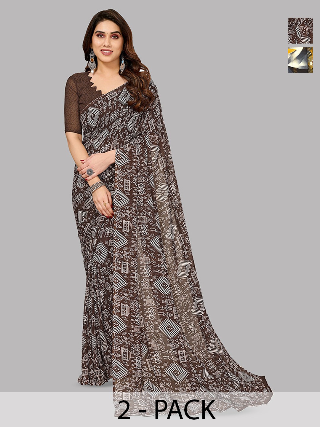 

ANAND SAREES Selection Of 2 Ethnic Motifs Printed Saree, Brown