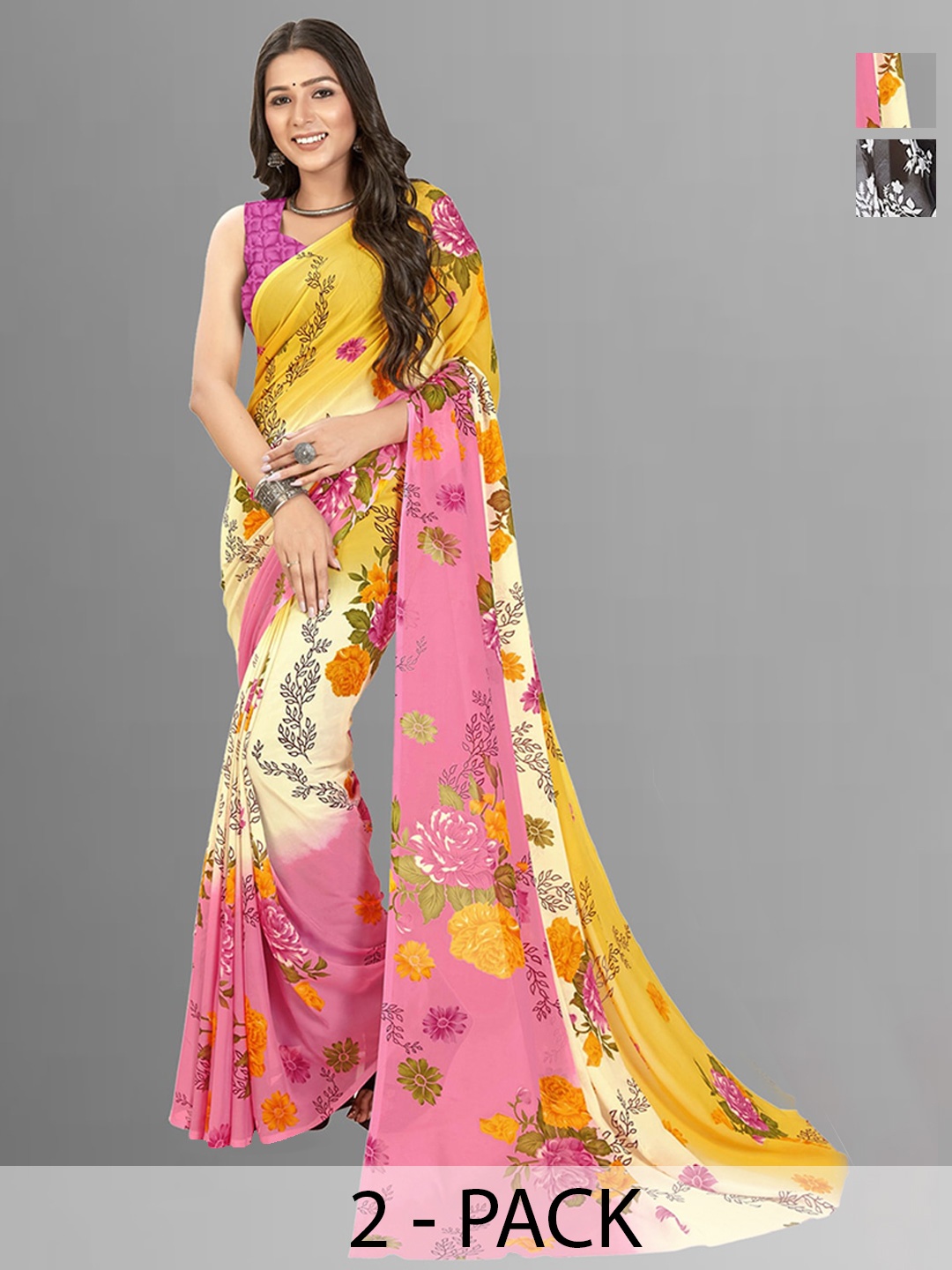 ANAND SAREES Selection Of 2 Floral Printed Saree, Pink