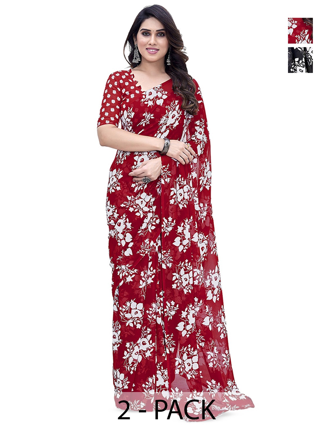ANAND SAREES Selection Of 2 Floral Printed Saree, Red