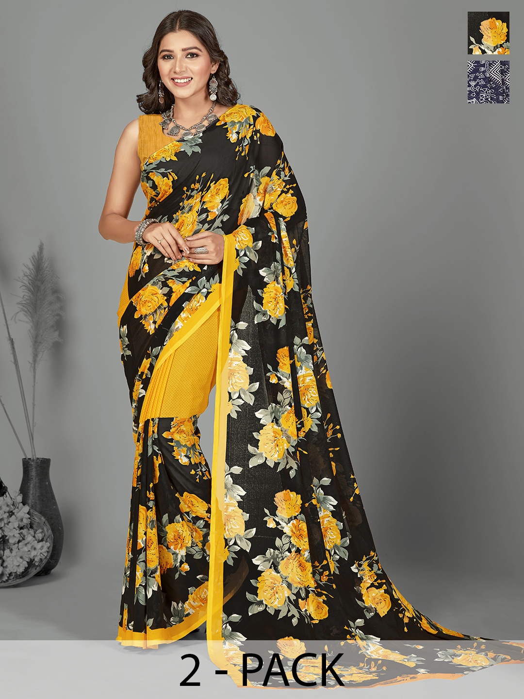 

ANAND SAREES Warli Pack of 2 Saree, Navy blue