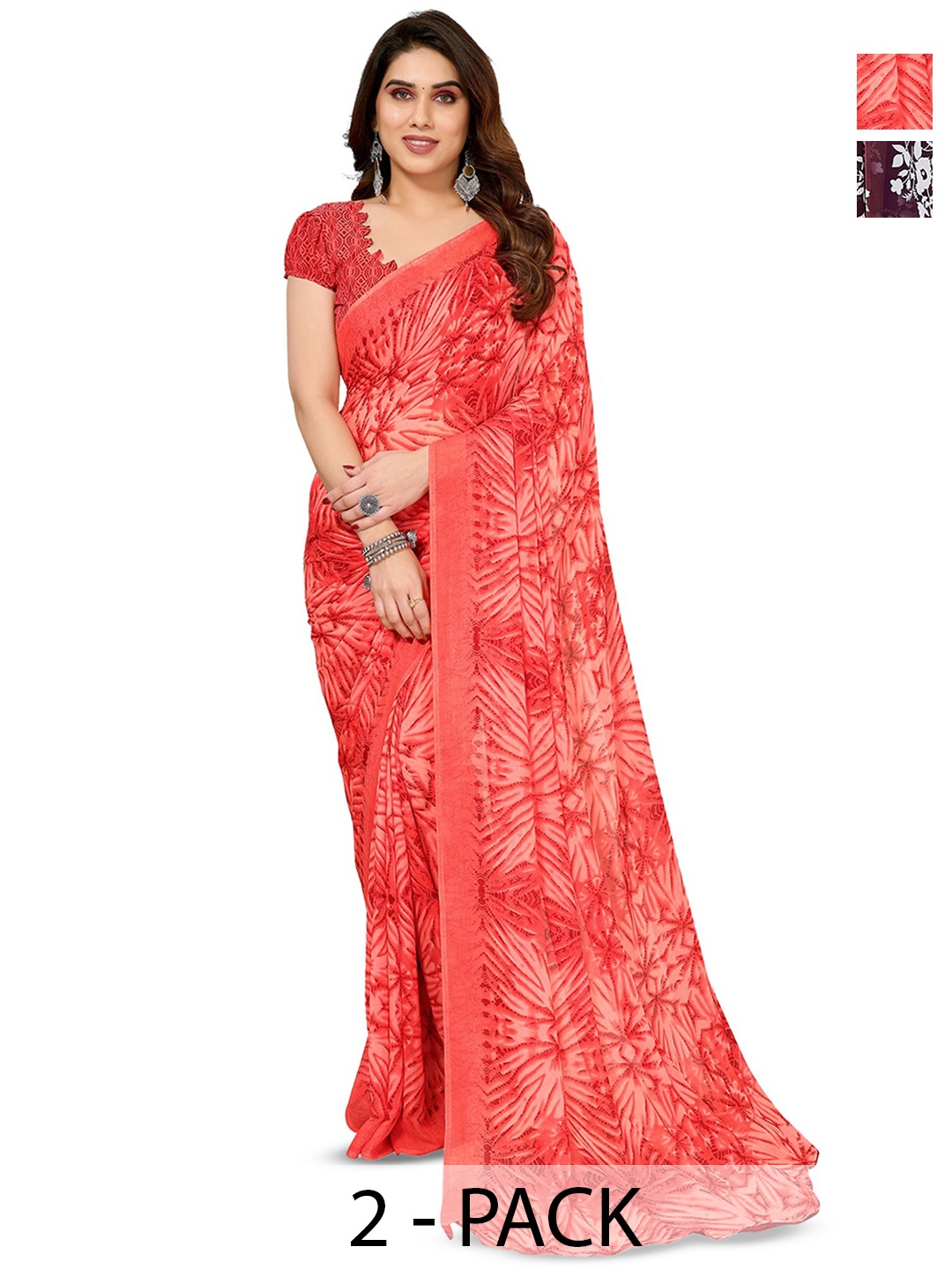 

ANAND SAREES Selection Of 2 Floral Printed Sarees, Purple