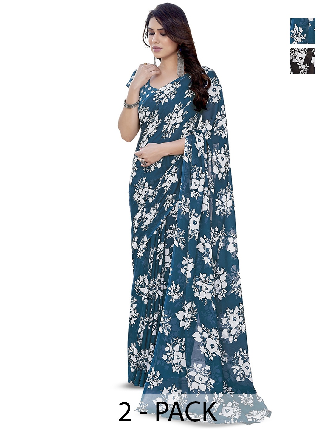 

ANAND SAREES Selection Of 2 Floral Printed Saree, Teal
