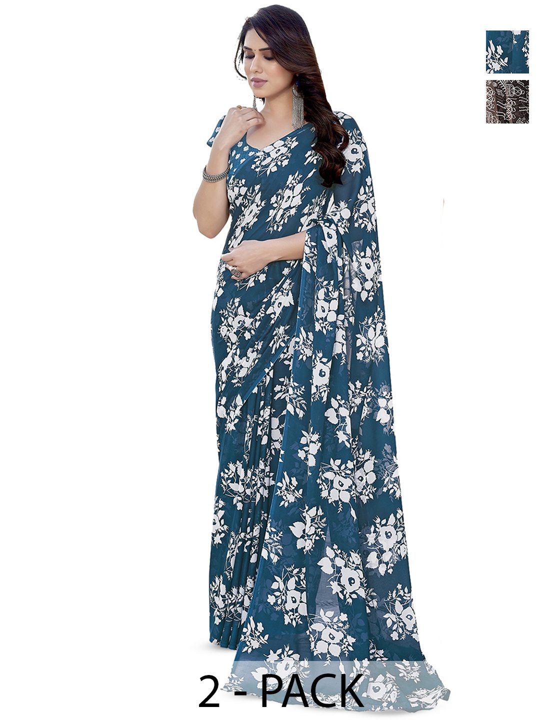 

ANAND SAREES Selection Of 2 Floral Printed Saree, Blue