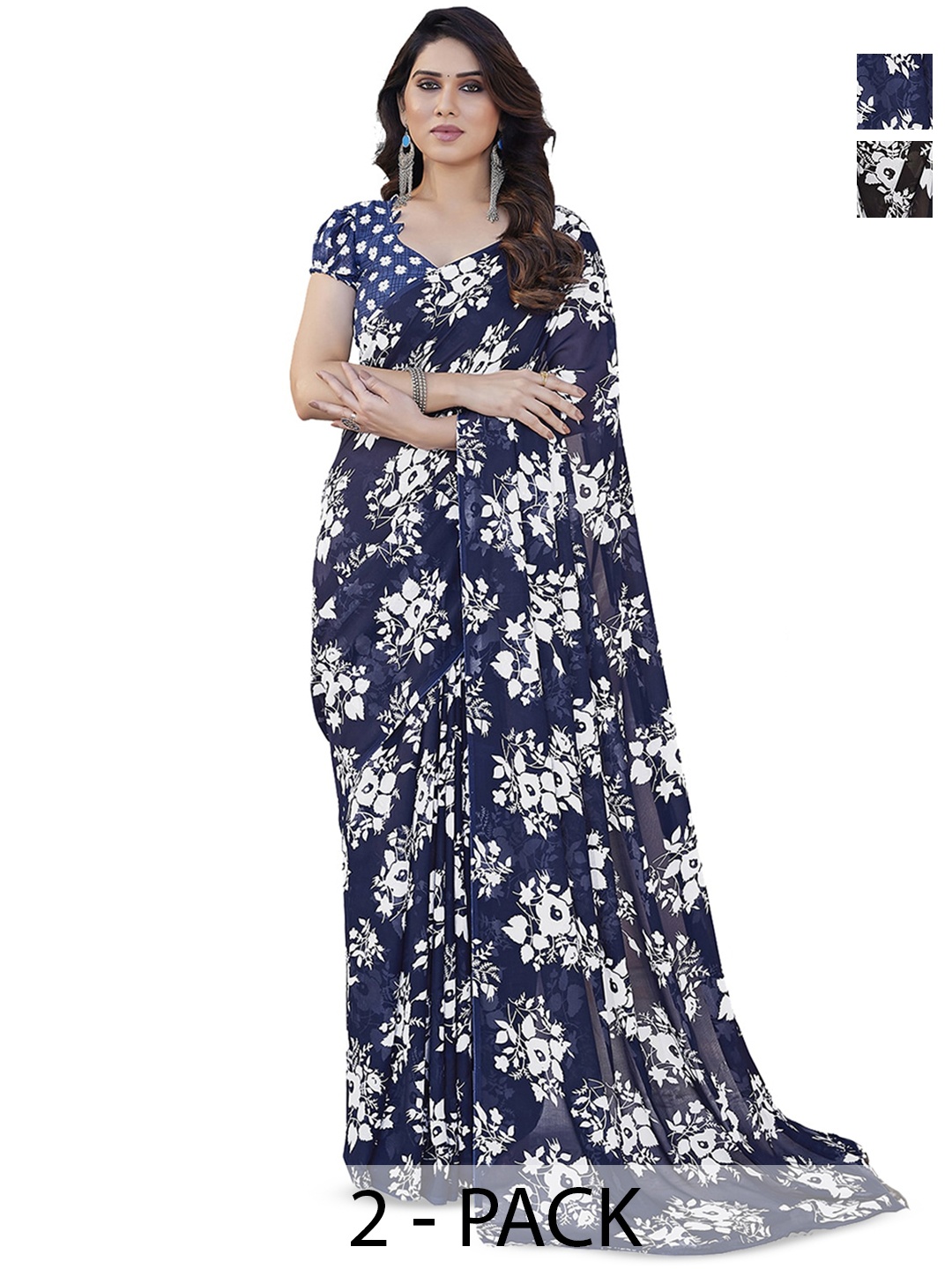 ANAND SAREES Selection Of 2 Floral Printed Saree, Blue