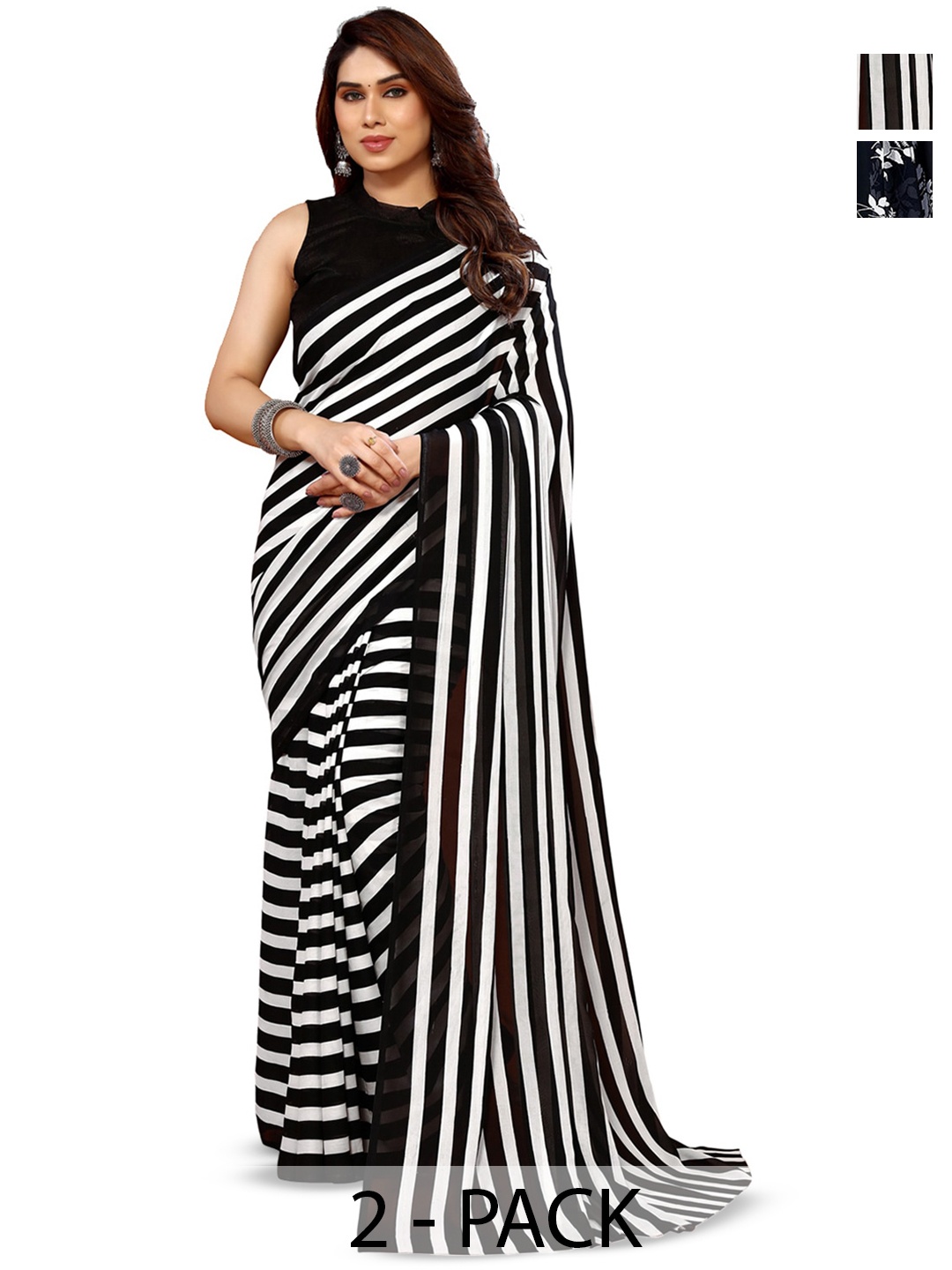 

ANAND SAREES Selection Of 2 Printed Sarees, Black