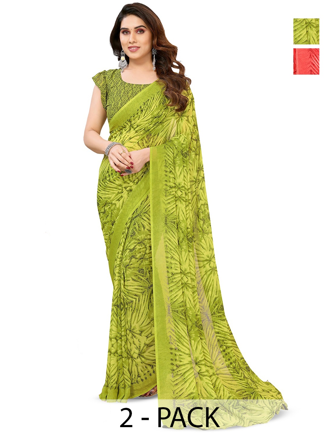 

ANAND SAREES Selection Of 2 Floral Printed Sarees, Green