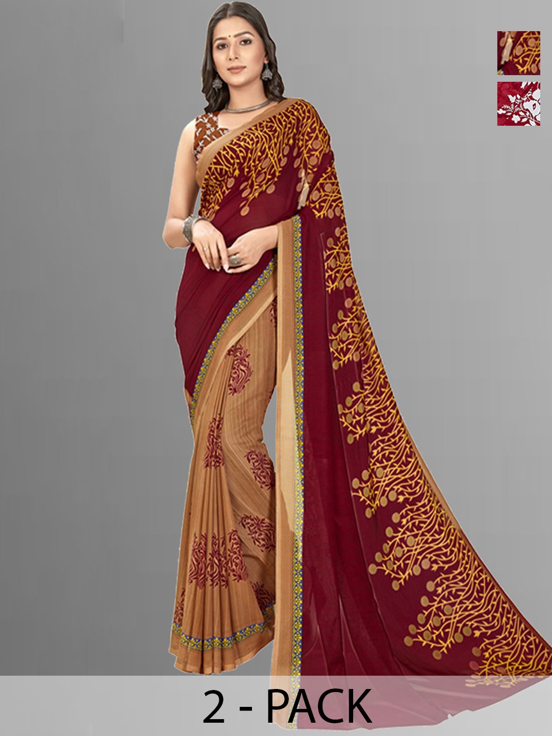 

ANAND SAREES Selection Of 2 Ethnic Motifs Printed Sarees, Brown