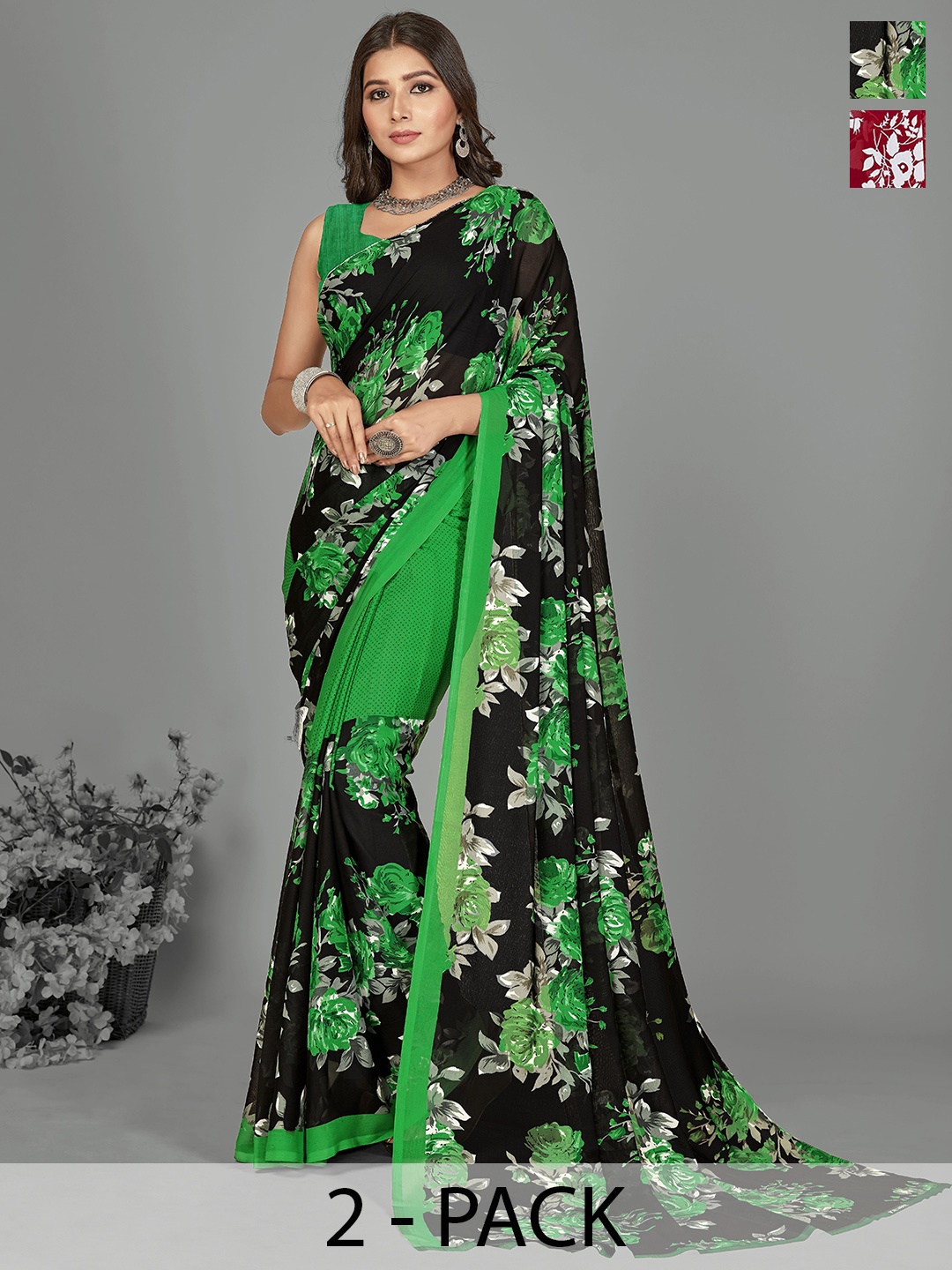 ANAND SAREES Floral Saree, Green