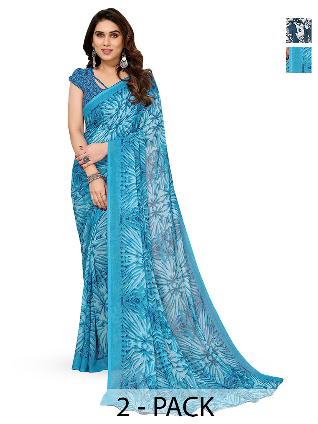 

ANAND SAREES Selection Of 2 Floral Printed Sarees, Blue